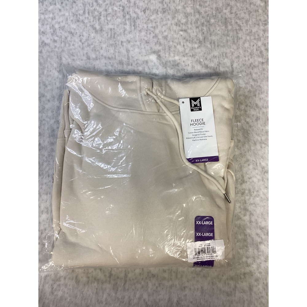 Members Mark‎ Mens Fleece Hoodie XXL Relaxed Fit Cream Cotton Blend Sweatshirt